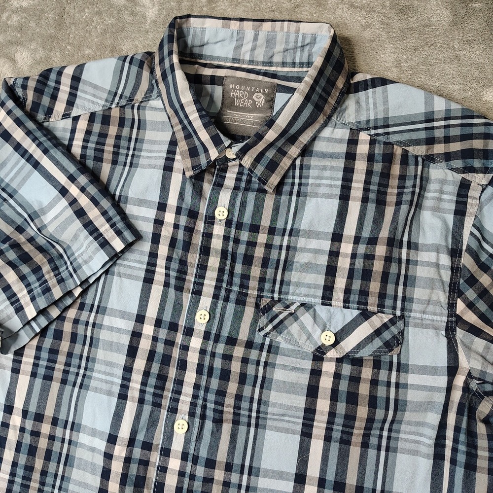 Mountain‎ Hardwear Button Down Shirt Mens Medium Blue Plaid Short Sleeve Pocket - Picture 1 of 7
